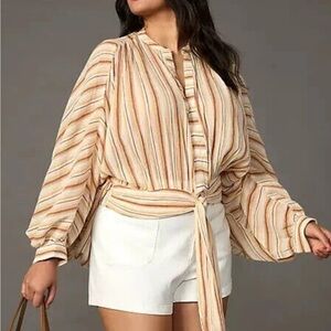 Translation Anthropologie Striped Tie Front Balloon Sleeve Tunic Blouse, XL